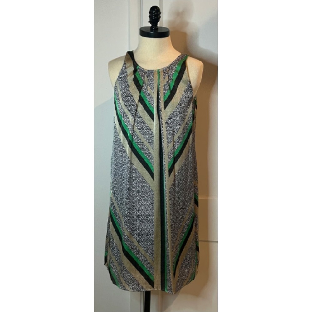 Dana Buchman Shift Dress Sz M Black Green Geometric Lined Pleats Exposedโ Zipper